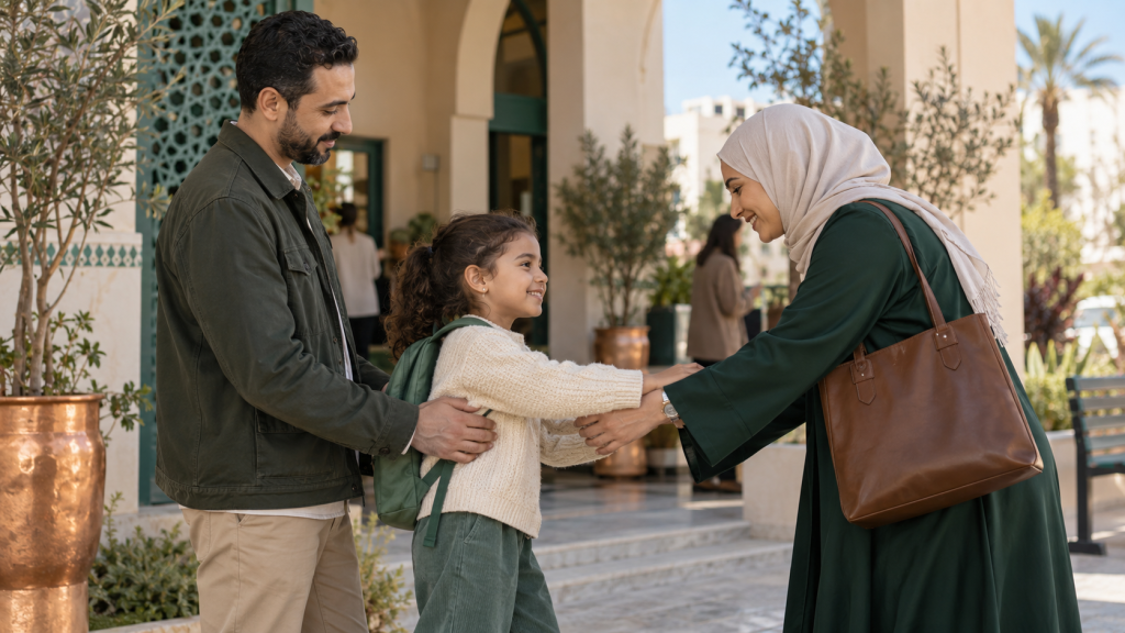 تسليم طفل بين والديه بهدوء أثناء تنفيذ موعد الزيارة بعد الطلاق